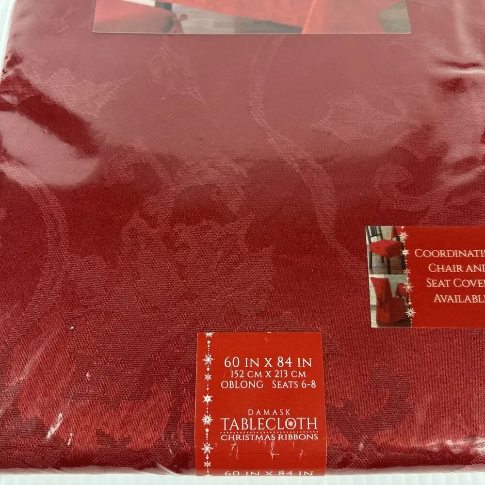 Tablecloth Christmas Ribbons 60 x 84 Oblong Damask Ruby Red Town & Country NEW